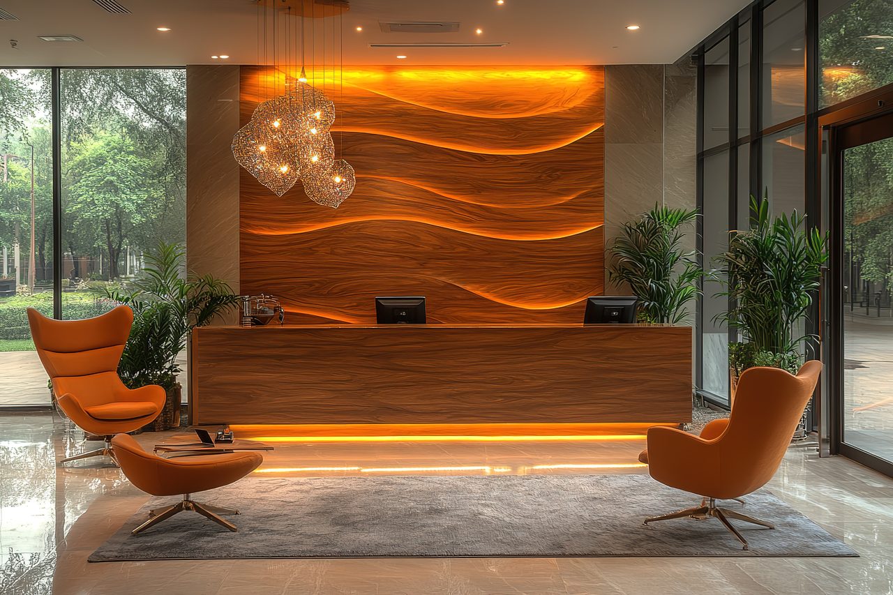 Warm modern office lobby with a wooden reception desk and comfortable seating