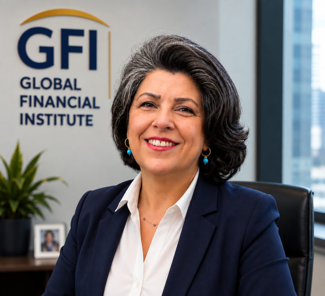 Dr. Maryam Alaee, GFI USA licensed financial professional, smiling in a navy blazer beside the GFI Global Financial Institute sign at the San Francisco office