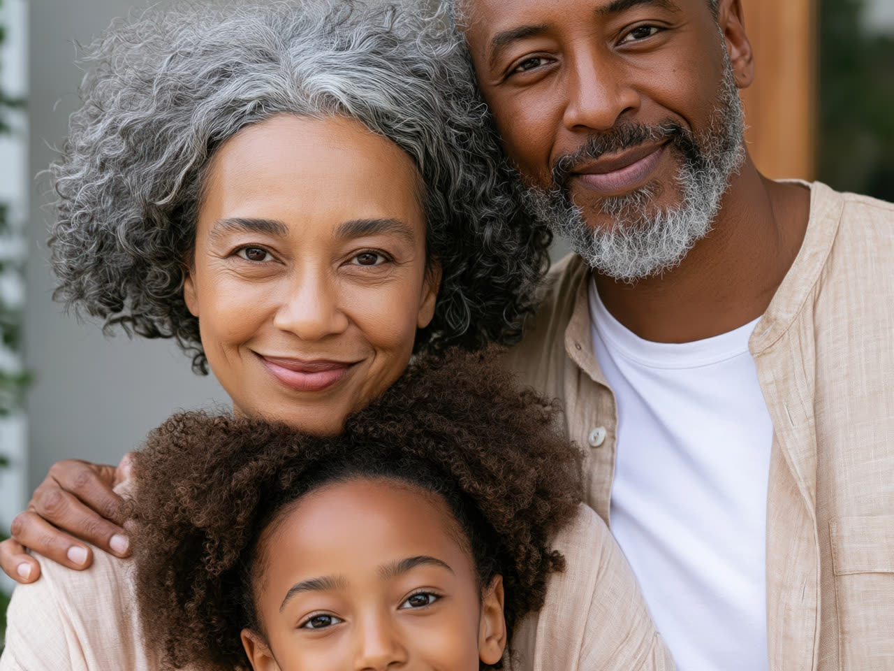 Grandparents embracing their granddaughter on a front porch, representing generational wealth planning